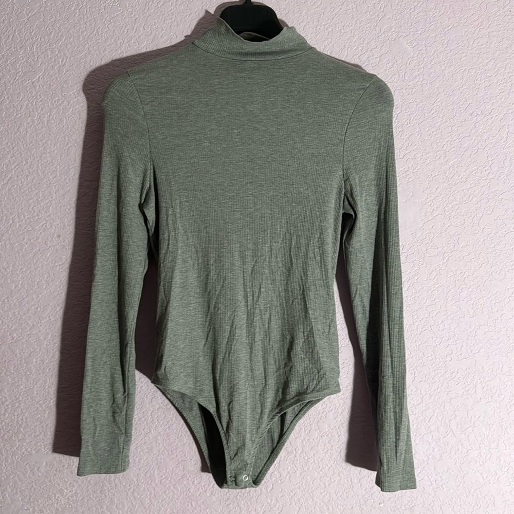 Gray Ribbed Turtleneck Mock Neck Bodysuit Shirt